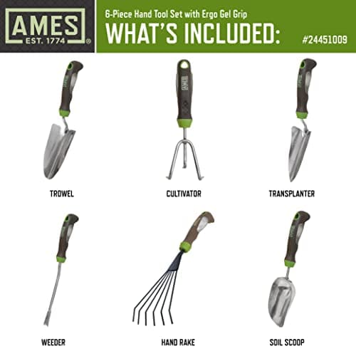 AMES 24451009 6-pc. Ergo Gel Grip Garden Tool Set with Hand Trowel, Weeder, Rake, Transplanter, Scoop & Cultivator