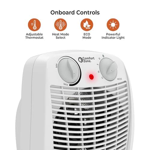 Comfort Zone Indoor Space Heater with Adjustable Thermostat, Fan Forced, Electric, Overheat Protection, Safety Tip-Over Switch, Energy Efficient, Ideal for Home, Bedroom, & Office, 1,500W, CZ45E