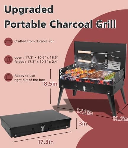 Portable Charcoal Grill Kit - 17.3" Folding BBQ Grill, Adjustable Heights,5 Skewers, 1 Spatula, 1 Fork, Mini Tabletop Grill, Small Grill Outdoor for Camping, Grilling Backyard, RV, Tailgating, Picnic