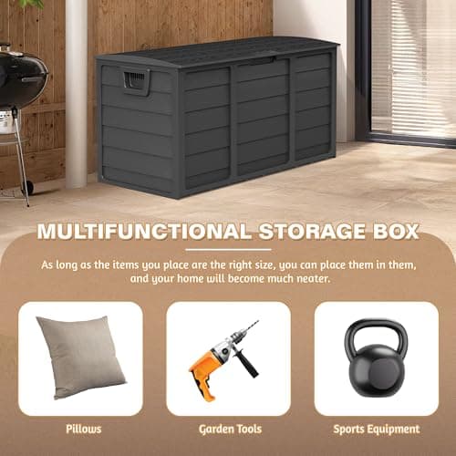 SUNCROWN 75 Gallon Deck Storage Box Resin Outdoor Storage Container with Handles for Patio Garden Yard, Black, Black