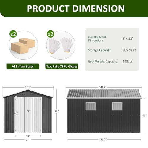 8x12 FT Outdoor Storage Shed, Metal Garden Tool Shed with Updated Frame Structure, Lockable Doors and Windows, Ideal for Backyard Garden Patio Lawn, Grey