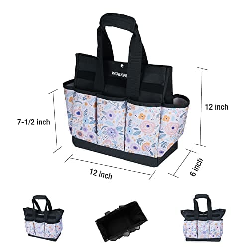 WORKPRO Garden Tool Bag, 9 Pockets Gardening Bag, Heavy Duty Oxford Garden Tote Caddy (Tools NOT Included), 12" x 12" x 6" (Floral White)