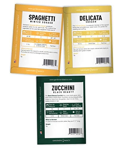 Gardeners Basics, Squash Seeds for Planting 5 Individual Packets - Zucchini, Delicata, Butternut, Spaghetti and Golden Crookneck for Your Non GMO Heirloom Vegetable Garden