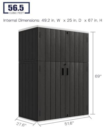 KINYING Outdoor Vertical Storage Shed,57 Cu.ft Outdoor Storage Cabinet Waterproof,Resin Sheds & Outdoor Storage Clearance for Garden,Patio,Backyard,Lockable (Black)