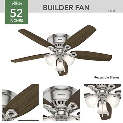 Hunter Fan Company, 53328, 52 inch Builder Brushed Nickel Low Profile Ceiling Fan with LED Light Kit and Pull Chain