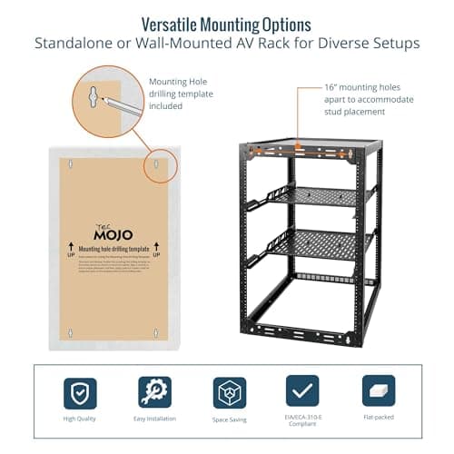 Tecmojo 20U Open Frame Network Rack for IT & AV Gear, Black, Alloy Steel, Rack Mount, Wall Floor Mount, Compatible with Networking Devices, Servers, IT Equipment