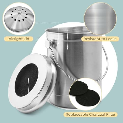 EPICA Countertop Compost Bin Kitchen | 1.3 Gallon | Odorless Composting Bin with Carbon Filters | Indoor Compost Bin with Lid | Stainless Steel Kitchen Composter for Food Scraps & Waste Recycling
