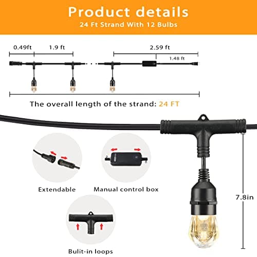 HVS Smart Outdoor String Lights LED 24Ft 12Bulbs Tunable Dimmable Warm White Waterproof Shatterproof Cafe Patio Lights,APP Control 2.4GHZ WiFi Alexa Google Balcony Backyard Porch(3 Core Wire, WW-24FT)