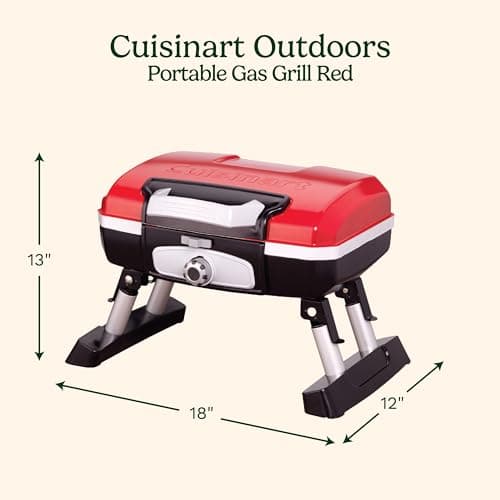 Cuisinart Petite Gourmet Portable Gas Grill, Compact & Lightweight Tabletop Small Grill for BBQs, Camping, Tailgates & Small Spaces, 5,500 BTU Burner Folding with Carry Handles, Red