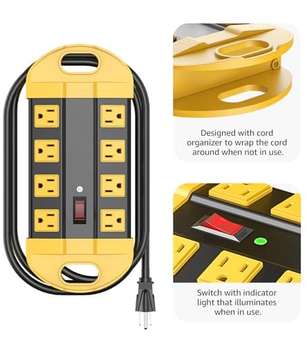 CCCEI Heavy Duty Power Strip Surge Protector, Metal 8 Outlets Power Strip for Appliance. Garage Shop Industrial Workbench 15 AMP Outlets Strip. 6FT Extension Cord, Yellow
