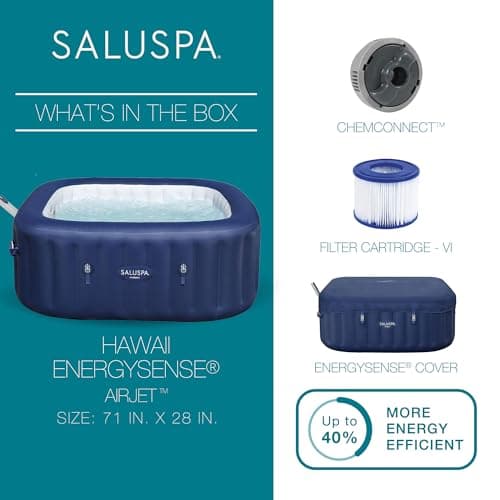 Bestway SaluSpa Hawaii Smart AirJet Inflatable Hot Tub Square Portable 4 to 6 Person Spa with 140 AirJets, App Control and EnergySense Cover, Blue