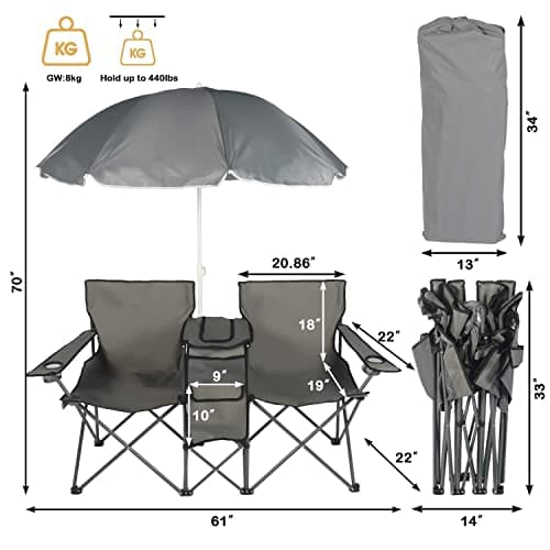 Double Folding Camping Chair W/Umbrella Fold Up Table Beverage Holder Carrying Bag Cooler for Patio Pool Park Outdoor Beach, Picnic, Portable (Grey)