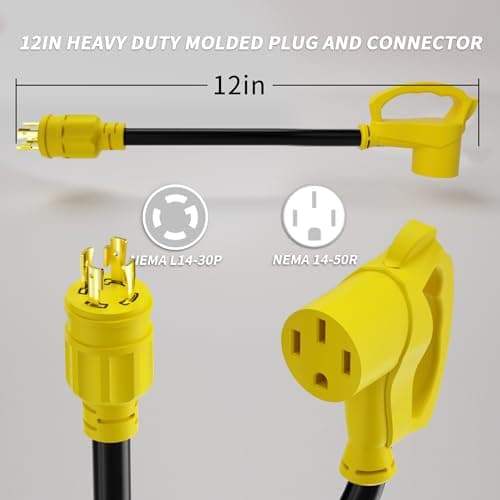4 Prong 30 Amp to 50 Amp RV Generator Adapter Cord, NEMA L14-30 Twist Lock Male Plug to NEMA 14-50 Female Plug, 12 Inch(1 FT) 10 Gauge STW Power Cord, Max 30A 125V/250V, Yellow, ETL Listed