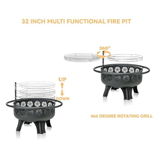 3-in-1 Fire Pit with Swivel Cooking Grate, 32 Inch Wood Burning Firepit with Grill, Outdoor Fire Pits Table with Metal Lid and Poker for Outside Patio Backyard BBQ Bonfire Camping (Black)
