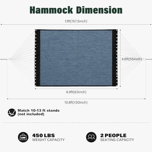 Patio Watcher 13 FT Quick Dry Olefin Hammock - Outdoor Double Hammock with Metal Curved Spreader Bars - 450 lbs Capacity - Dark Blue
