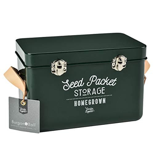 Burgon & Ball Seed Packet Storage Box Container Tin in Frog Green with Inside Dividers for Organization with Lid, Side Handles and Latches