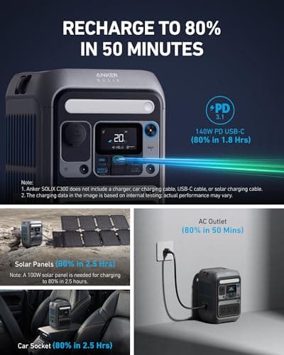 Anker SOLIX C300 Portable Power Station, Outdoor 288Wh LiFePO4 Battery, 300W (600W Surge) Solar Generator, 140W Two-Way Fast Charging, for Camping, Traveling, and Emergencies (Solar Panel Optional)