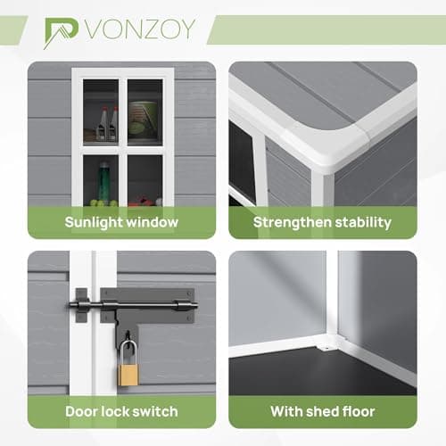 6x4.5 FT Resin Outdoor Storage Shed with Floor, Plastic Garden Shed, Lockable Door & Window, Waterproof Tool Shed for Bike, Garbage Can, Lawn Mower, Patio Furniture Grey White