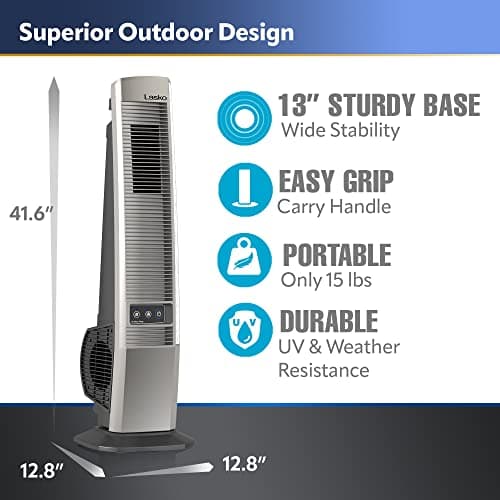 Lasko Outdoor Living Oscillating Tower Fan, for Decks, Patios and Porches, 10 Foot Power Cord, 4 Refreshing Speeds, 42", Grey, YF202