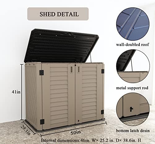 KINYING Outdoor Storage Shed - Horizontal Storage Box Waterproof for Garden, Patios, Backyards, Multi-Opening Door for Easy Storage of Garbage Cans, Tools, Lawn Mower, 26 Cubic Feet,Brown
