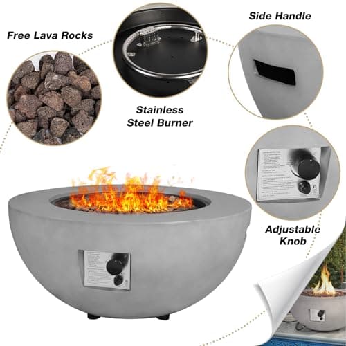 31.5 Inch Outdoor Propane Fire Pit Table 2-Piece 50,000 BTU Gas Fire Pit Concrete Round Burner Tank Cover Fire Coffee Table with Lid for Garden,Deck-31.5" Grey