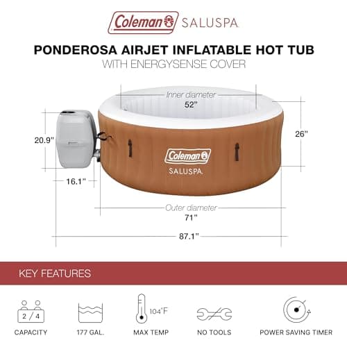 Coleman Ponderosa AirJet 2 to 4 Person Inflatable Hot Tub Round Portable Outdoor Spa w/ 120 AirJets & EnergySense Energy Saving Cover, Orange