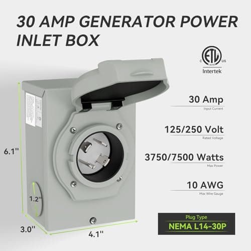 Pre-Drilling 30 Amp Generator Inlet Box RVMATE, NEMA L14-30P Power Inlet Box for 4 Prong Generator Cord, 125/250V,3750/7500W 30a Power Inlet Box, ETL Listed, Waterproof for Outdoor Use