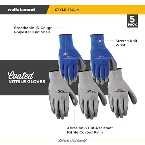 Wells Lamont Pack Nitrile Work Gloves | Lightweight, Abrasion Resistant, Blue/Grey | Large