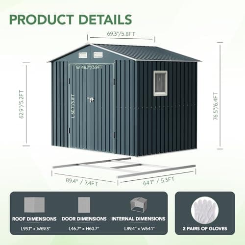 6X8X6.4FT Outdoor Steel Storage Shed with Lockable Doors, Frame Floor (No Wood/Other Boards),One Clear Window,Ideal for Garden, Backyard, Patio Storage