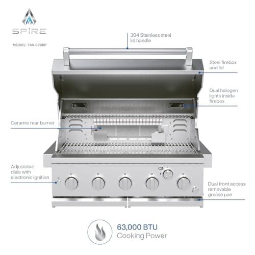 Spire Premium 5 Burner Built In Gas Grill Island Head, Stainless Steel 30 Inch Propane Grill with Rear Burner, 63,000 BTUs, 750 SQ In Racks, Dual Fuel Compatibility - 740-0788P
