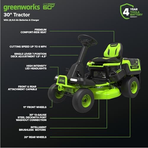 Greenworks 60V 30" Tractor, (4) 8.0Ah + Wall Charger