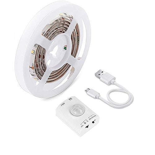 LUXJET 1M Rechargeable Motion Sensor Wardrobe Light, Flexible LED Strip with 30LED, PIR and Light Sensor, Warmwhite Night Light for Wall Closet Cabinet (1mr)