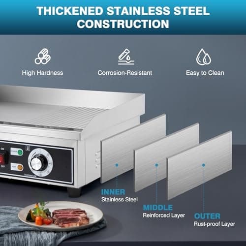IRONWALLS Electric Griddle Nonstick 22 Inch, 1600W Stainless Steel Commercial Griddle for Indoor & Outdoor, 2-IN-1 Half Flat Top Griddle Grill for Restaurant & Home, 122℉-572℉ Adjustable Temperature