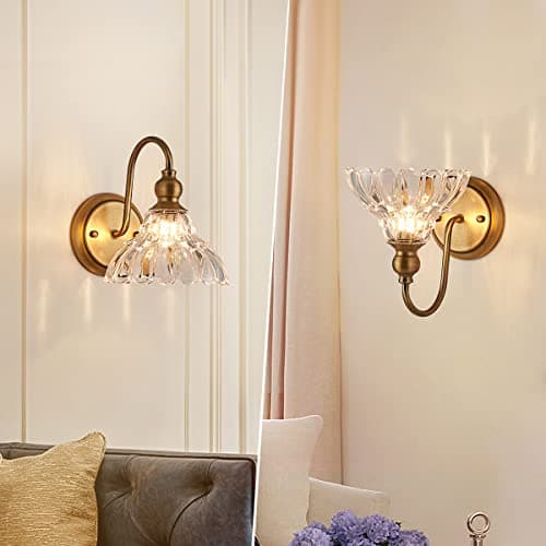 Vintage Brass Wall Sconce Bronze Bathroom Wall Light Made of Electroplated Copper Body and Pressed Patterned Glass Retro Vanity Lights for Bedroom, Doorway, Hallway