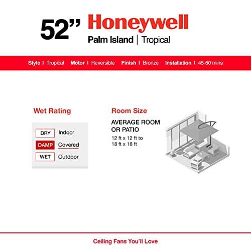 Honeywell Ceiling Fans Palm Island, 52 Inch Tropical Indoor Outdoor Ceiling Fan with No Light, Pull Chain, Three Mounting Options, 5 Palm Leaf Blades, Wet-Rated - 50207-01 (Bronze)