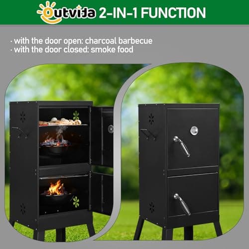 Outvita Outdoor Smoker with Double Doors, Vertical Charcoal Smoker, Outdoors Charcoal Barbeque with 2 Detachable Grill Netting Smoking Racks, Suitable for Lawn Picnic, Backyard BBQ, Black