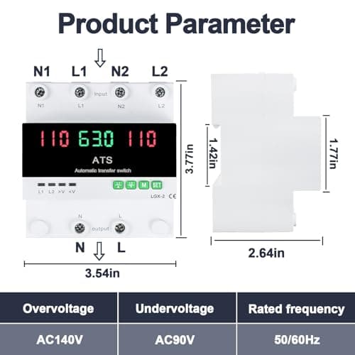 63A 110V Automatic/Manual Transfer Switch, Dual Power Selector with LED Display, L1 Priority, DIN Rail Mount,50/60Hz CE Certified ATS for Generator and Backup Power