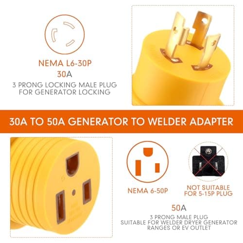 Kanayu Generator Welder Adapter Compatible with Nema L6-30P to 6-50R 3 Prong 30 Amp Locking Male Plug to 50 Amp Female Receptacle Adapter Generator RV EV Charger Power Cord Connector