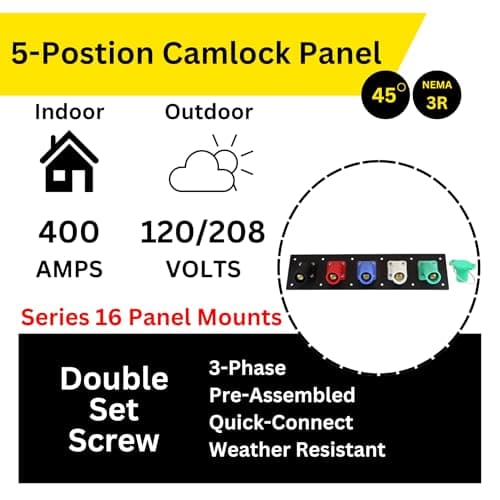 5 Position CAM Lock Panel, 400 Amp, 3 Phase 120/208V, Male, 45°, Double Set-Screw Connections with NEMA 3R Caps and Lanyards, Series 16 CAM Connectors, Power Distribution Panel