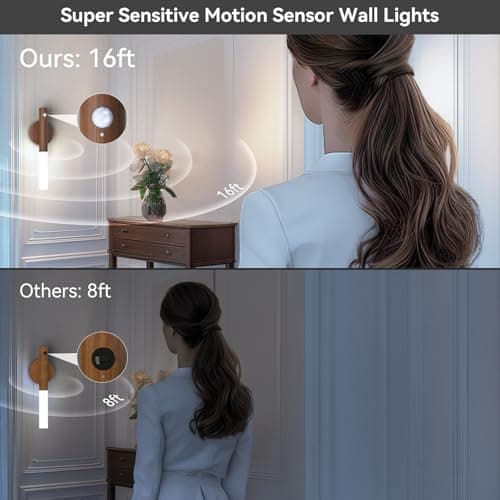 Battery-Operated Wall Sconce Wall Lights: 2200mAh Rechargeable Motion Sensor Magnetic Wireless Stairway Lights Portable Hallway Light Wooden Wall Lighting for Bedroom Stair(White Light)