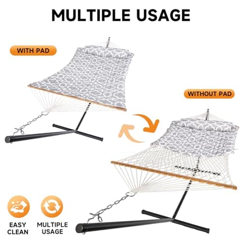 Double Hammock with Stand, 2 Person Cotton Rope Hammock with Removable Polyester Pad, 500LBS Capacity, Portable & Adjustable Design, Includes Storage Bag, Indoor Outdoor Use,White-Gray