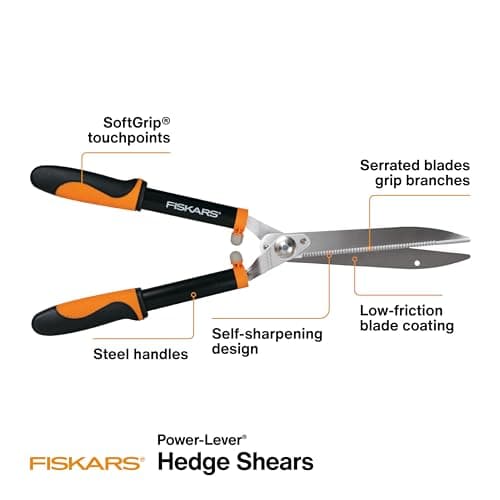 Fiskars 23-Inch Power-Lever Hedge Shears, Self-Sharpening Precision-Ground Steel Blades, For Trimming/Shaping Hedges and Shrubs in Your Garden, Lawn and Yard Tools, Black/Orange