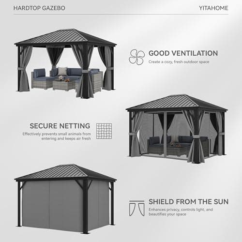 YITAHOME 10X12FT Hardtop Metal Gazebo Outdoor Patio Single Top Canopy Galvanized Iron Aluminum Column Garden Tent Curtains Netting for Backyards Decks Lawns,Gray