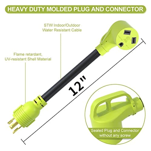 3 Prong 30 Amp RV Generator Adapter, NEMA L5-30P Twist Lock Male Plug to NEMA TT-30R Female,Outdoor Ower Equipment Suitable for RV Trailer Camper,Heavy Duty STW 10 AWG, ETL Listed (12 Inch)