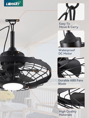 LEDIARY 20" Outdoor Ceiling Fans with Lights and Remote Control, Waterproof Caged Ceiling Fan with 3 Color LED Light,Portable Hanging Gazebo Fan with Plug in Cord Hook for Patios,Black