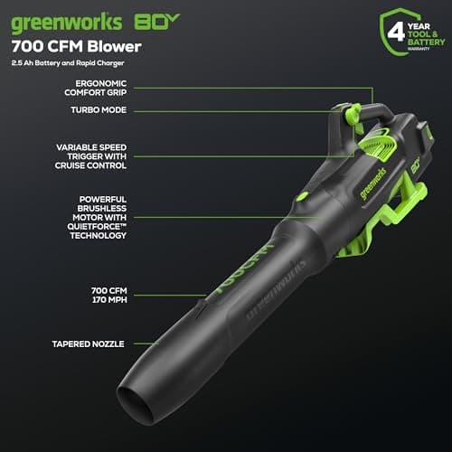 Greenworks 80V 700 CFM Cordless Leaf Blower - Commercial-Grade Power, 45-Min Rapid Charger for Wet Leaves & Heavy Debris (Includes 2.5Ah Battery)