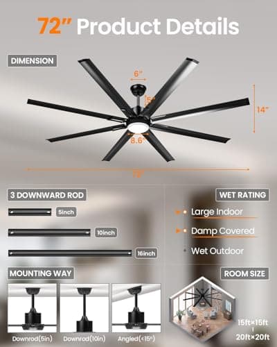72 Inch Large Industrial Ceiling Fan with Light and Remote-8 Aluminium Blades Ceiling Fan with Energy Efficient DC Motor,Reversible Airflow-Ideal for Living Room,Patio,Garage,and Commercial Spaces