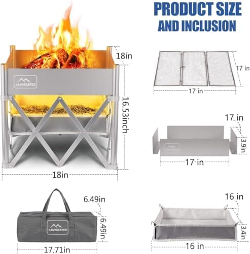 KAMPKEEPER Fire Pit 18 Inch Outdoor Wood Burning Fire Pit,Portable Fire Pit for Camping, Beach Parties,and More,Included Heat Shield for Leave No Trace Fires