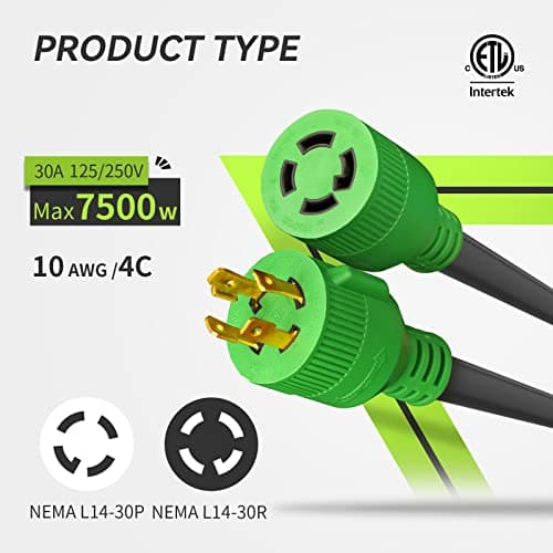 RVMATE 30 Amp Generator Cord 4 Prong 10 Feet, NEMA L14-30P/L14-30R, 125/250V Up to 7500W 10 Gauge SJTW Generator Extension Cord, ETL Listed