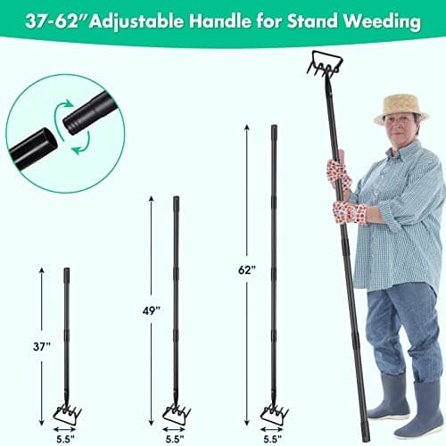 Garden Hoe- 62 Inch Long Stirrup Hoe Garden Tools Cultivator for Weeding, Heavy Duty Garden Hoe for Gardening Weeding with Adjustable Handle Scuffle Garden Hula Hoe with Rake,Loop Stirrup Hoe Weeder